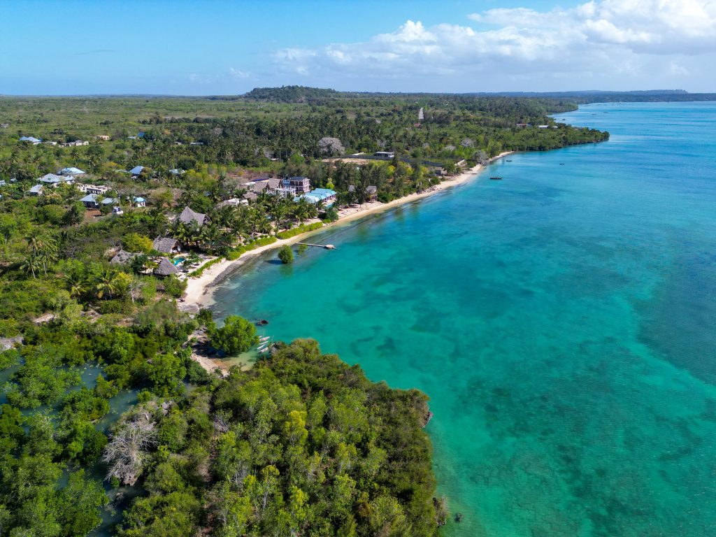 High-angle aerial drone view of the turquoise Indian Ocean coastline and lush eco-resort property in Zanzibar.